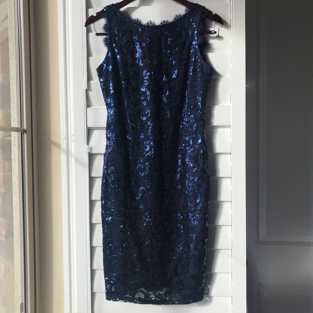 NAVY SHEATH LACE COCKTAIL DRESS